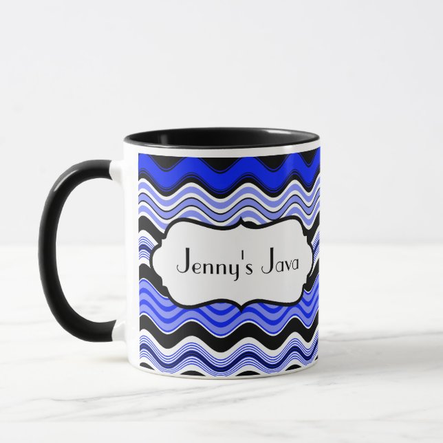 Blue, Black, White Wavy Stripes Personalized Mug (Left)