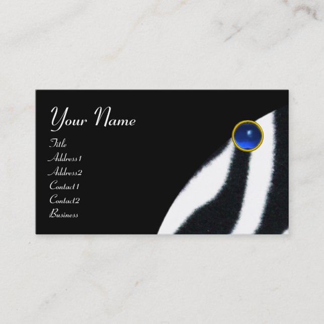 BLUE BLACK WHITE ZEBRA FUR  MONOGRAM ,Sapphire Business Card (Front)