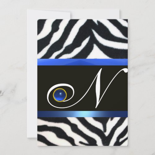 BLUE BLACK WHITE ZEBRA FUR MONOGRAMSapphire Invitation