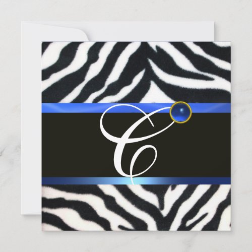 BLUE BLACK WHITE ZEBRA FUR MONOGRAMSapphire Invitation