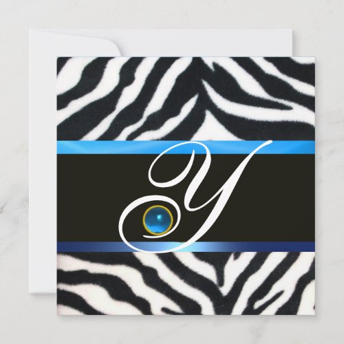 BLUE BLACK WHITE ZEBRA FUR MONOGRAMSapphire Invitation