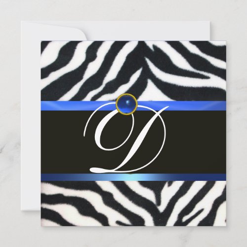 BLUE BLACK WHITE ZEBRA FUR MONOGRAMSapphire Invitation