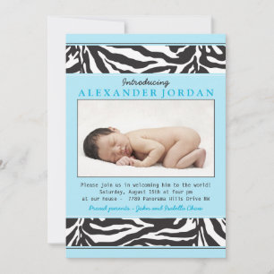 Blue Black Zebra Print Photo Sip N See Baby Shower Invitation