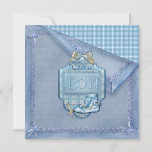 Blue Blanket Vintage Bootie Plaid Blue Brown Baby  Invitation