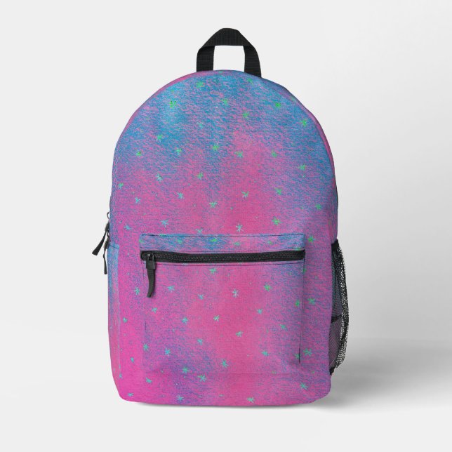 Blue blends on pink, and green stars, backpacks (Front)