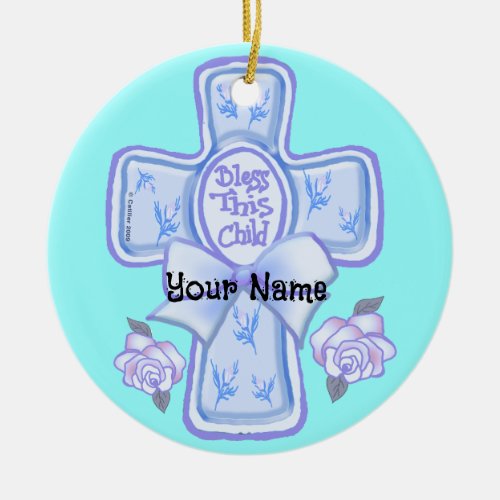Blue Bless This Child Christian Cross Ornament