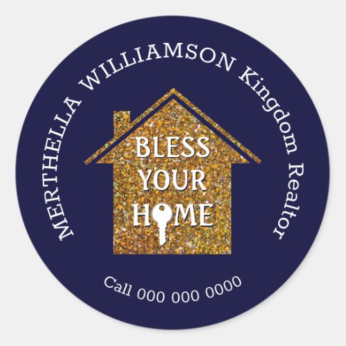 Blue BLESS YOUR HOME Real Estate Realtor Classic Round Sticker