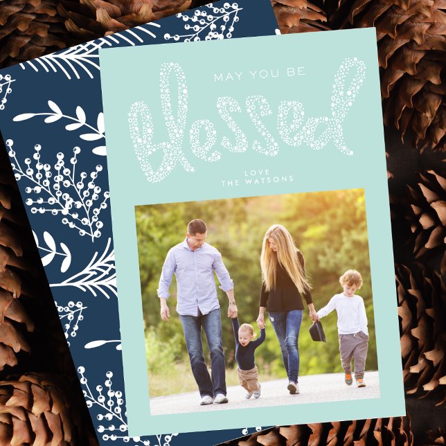 Blue Blessed Christmas Religious Custom Photo Holiday Card (Creator Uploaded)