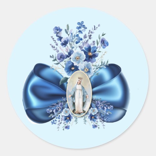 Blue Blessed Mother Mary Floral Religious Catholic Classic Round Sticker