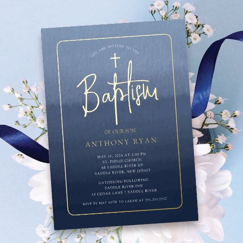 Blue Blessings Baptism Invitation Foil Invitation