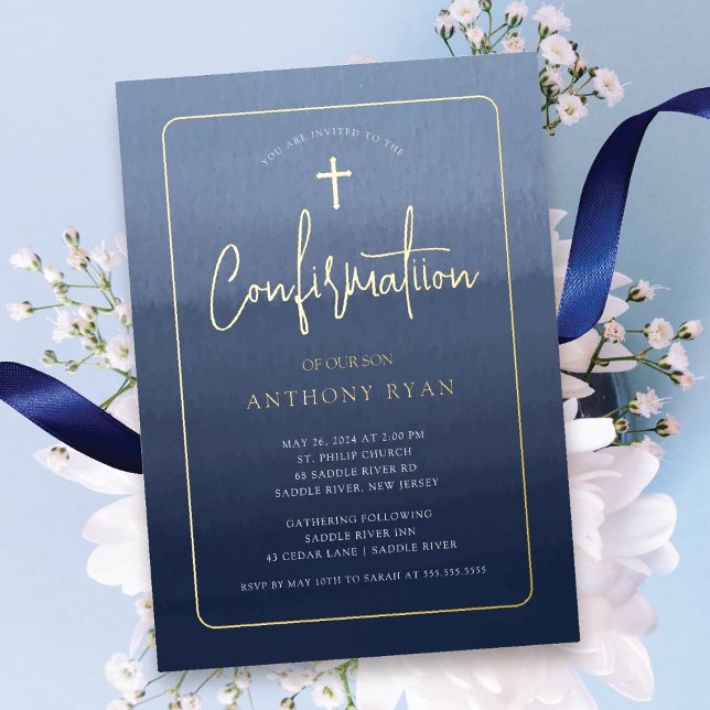 Blue Blessings Confirmation Invitation Foil Invitation (Creator Uploaded)