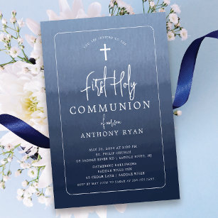 Blue Blessings First Communion Invitation