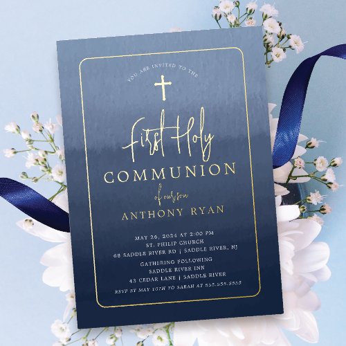 Blue Blessings First Communion Invitation Foil Invitation