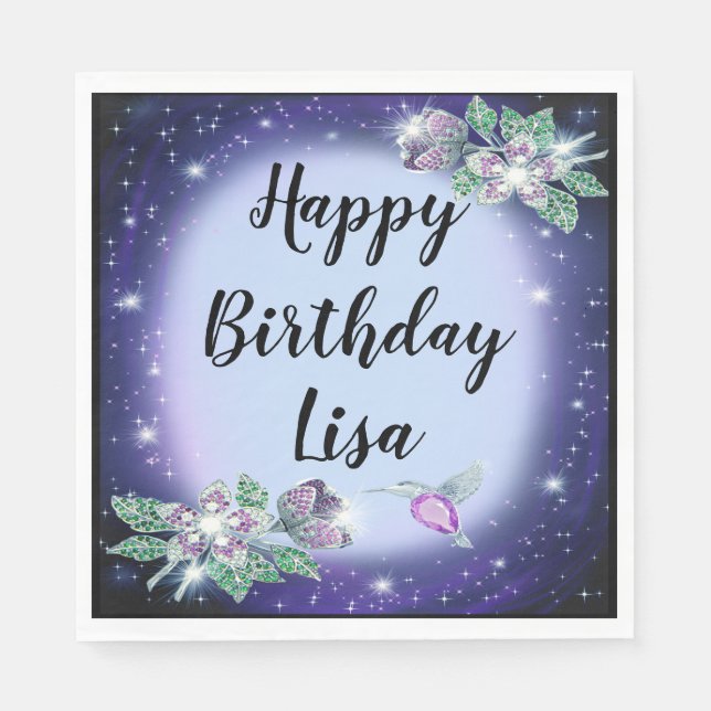 Blue Bling Floral Bird Birthday Napkins (Front)