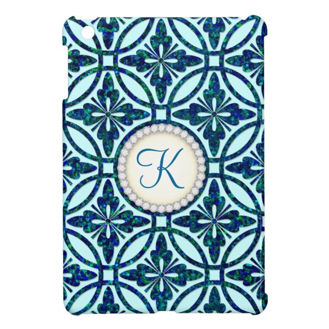 Blue Bling Geometric Pattern Monogram iPad Mini Cover (Back)