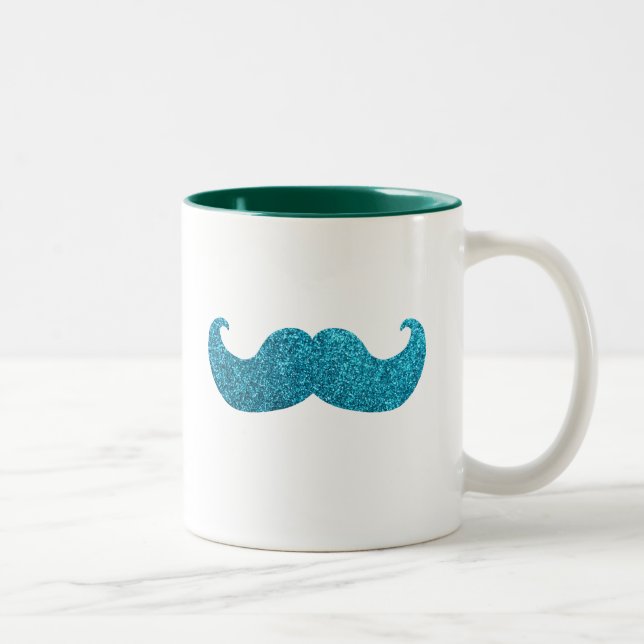 Blue Bling mustache  (Faux Glitter Graphic) Two-Tone Coffee Mug (Right)