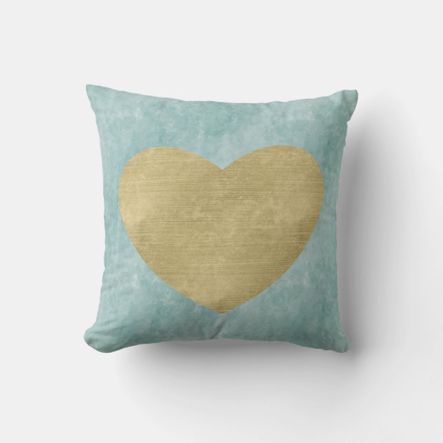 Blue Bliss Gold Heart Throw Pillow (Front)
