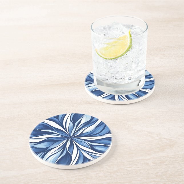 Blue Bliss: Organic Floral Art in Blue and White Coaster (Side)