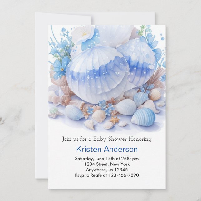 Blue Blissful Seashell Ocean Boy Baby Shower Invitation (Front)