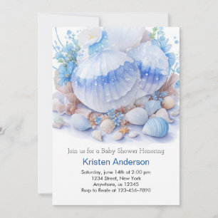 Blue Blissful Seashell Ocean Boy Baby Shower Invitation