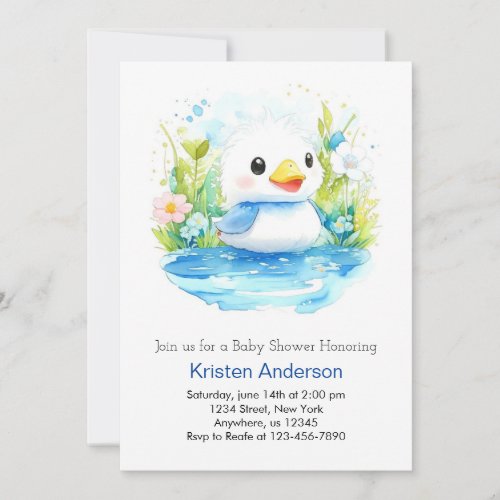 Blue Blissful Watercolor Duck Boy Baby Shower Invitation