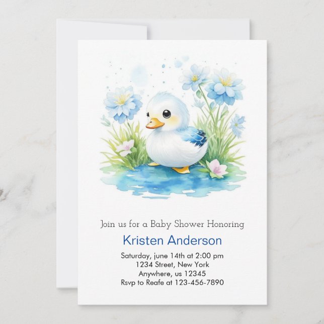 Blue Blissful Watercolor Duckling Boy Baby Shower Invitation (Front)