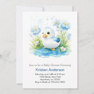Blue Blissful Watercolor Duckling Boy Baby Shower Invitation