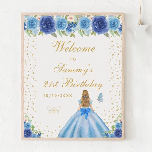 Blue Blonde Hair Girl Birthday Party Welcome Poster