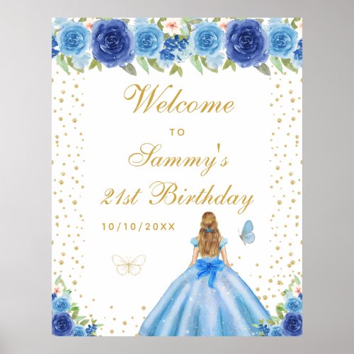 Blue Blonde Hair Girl Birthday Party Welcome Poster
