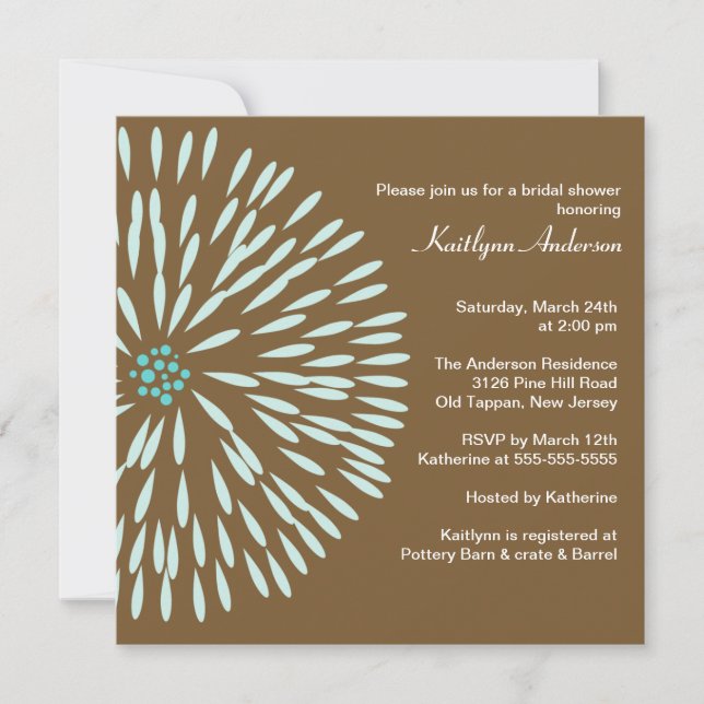Blue Bloom on Brown Bridal Shower Invitation (Front)
