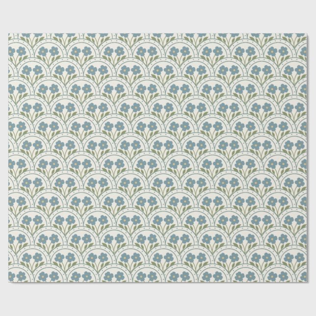 Blue Bloom Scallop Repeat Pattern Wrapping Paper (Flat)