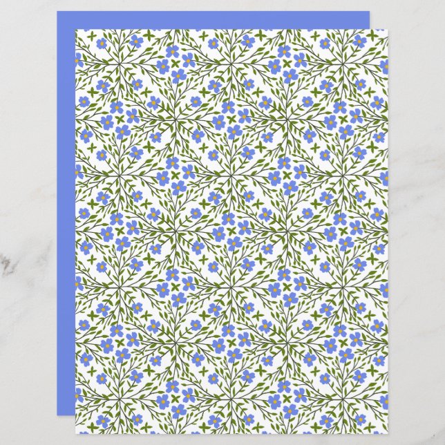 Blue Blooms Ditsy Floral Pattern Paper Sheet (Front/Back)