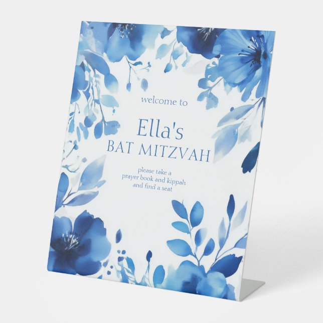 Blue Blooms Watercolor BAT MITZVAH CUSTOM  Pedestal Sign (Front)