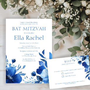 Blue Blooms Watercolor BAT MITZVAH CUSTOM RSVP Enclosure Card