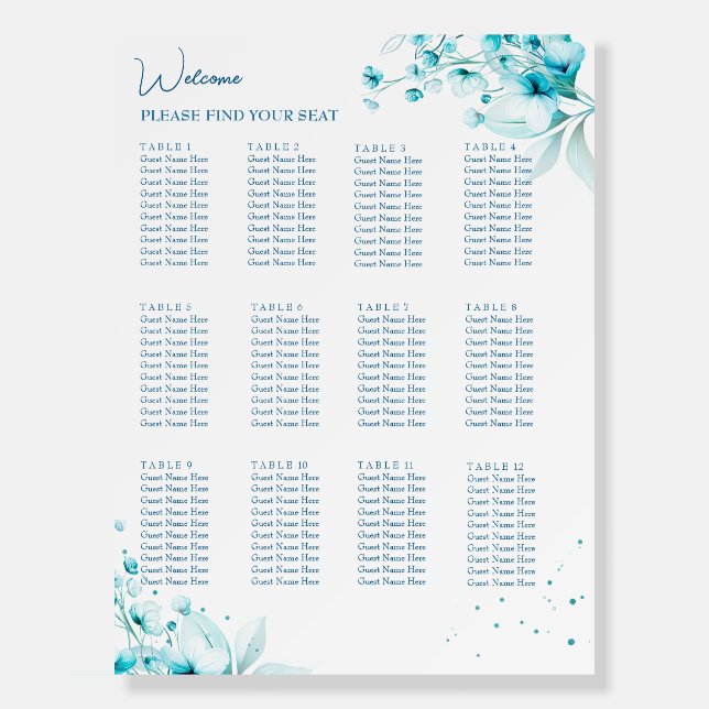 Blue Blossom & Breeze Wedding Seating Charts Foam Board (Front)