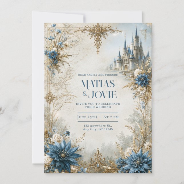 Blue Blossom Castle Wedding Invitation (Front)