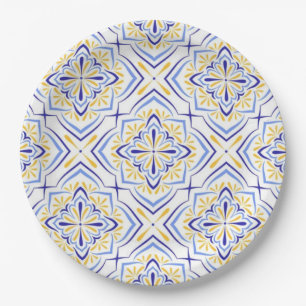 Blue Blossom Elegant Mediterranean Floral Mosaic Paper Plates