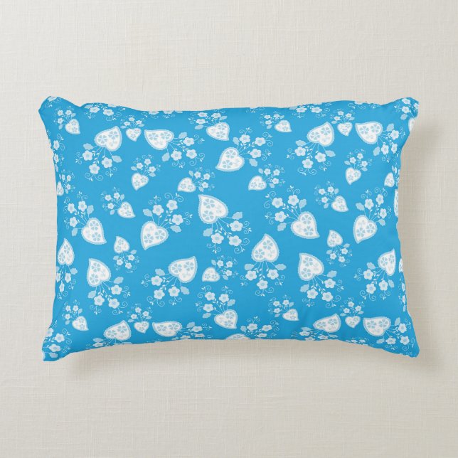 Blue blossom heart with flowers pattern accent pillow (Front)