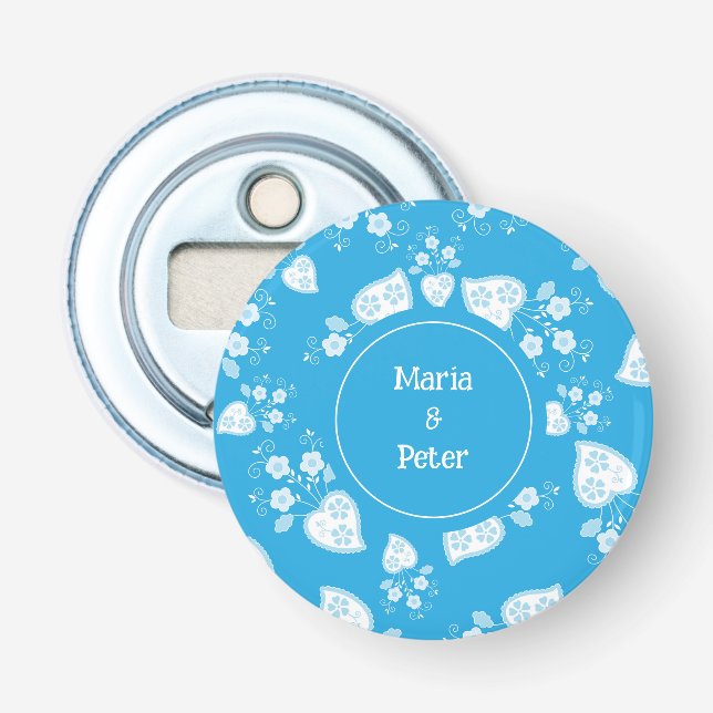 Blue blossom heart with flowers pattern bottle opener (Front)