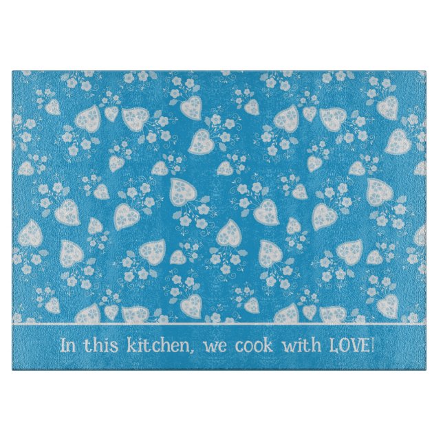Blue blossom heart with flowers pattern cutting board (Front)