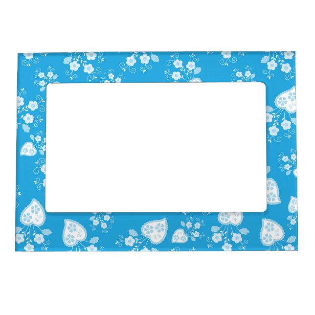 Blue blossom heart with flowers pattern magnetic frame (Front)