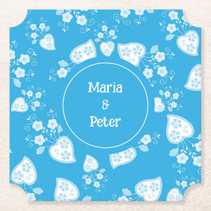 Blue blossom heart with flowers pattern paper coaster