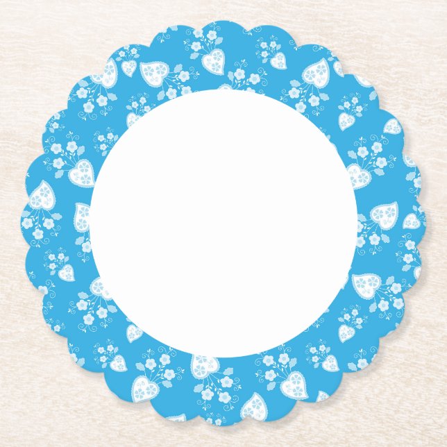 Blue blossom heart with flowers pattern paper coaster (Front)