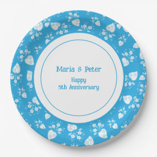 Blue blossom heart with flowers pattern paper plates