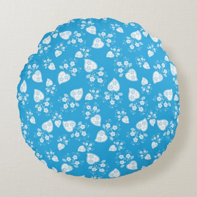 Blue blossom heart with flowers pattern round pillow (Front)