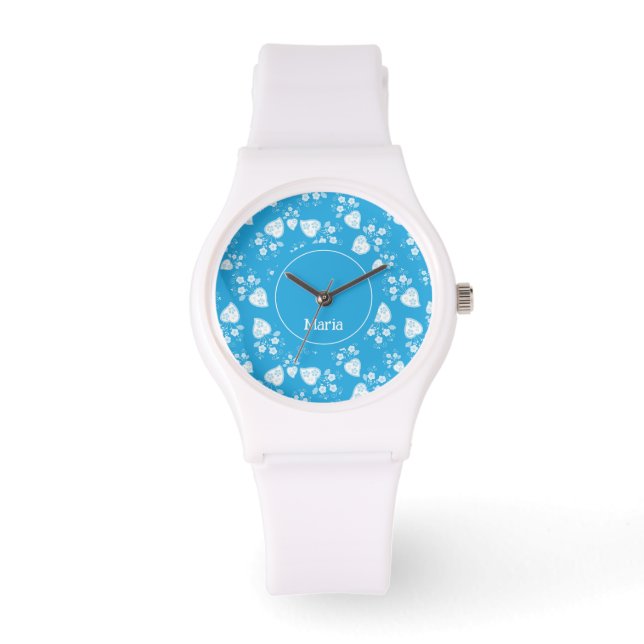 Blue blossom heart with flowers pattern watch (Front)