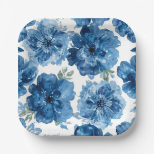 Blue Blossom Watercolor Floral Botanical White Paper Plates