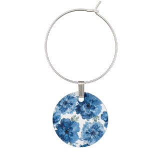 Blue Blossom Watercolor Floral Botanical White Wine Charm