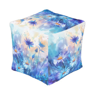 Blue Blossom: Watercolor Floral Indoor Pouf