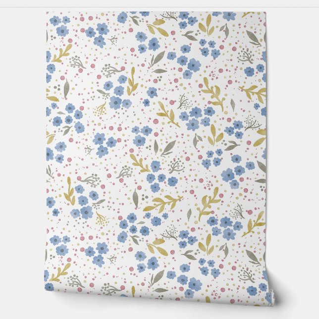 Blue Blossoms Watercolor Seamless Pattern Wallpaper (Unrolling)